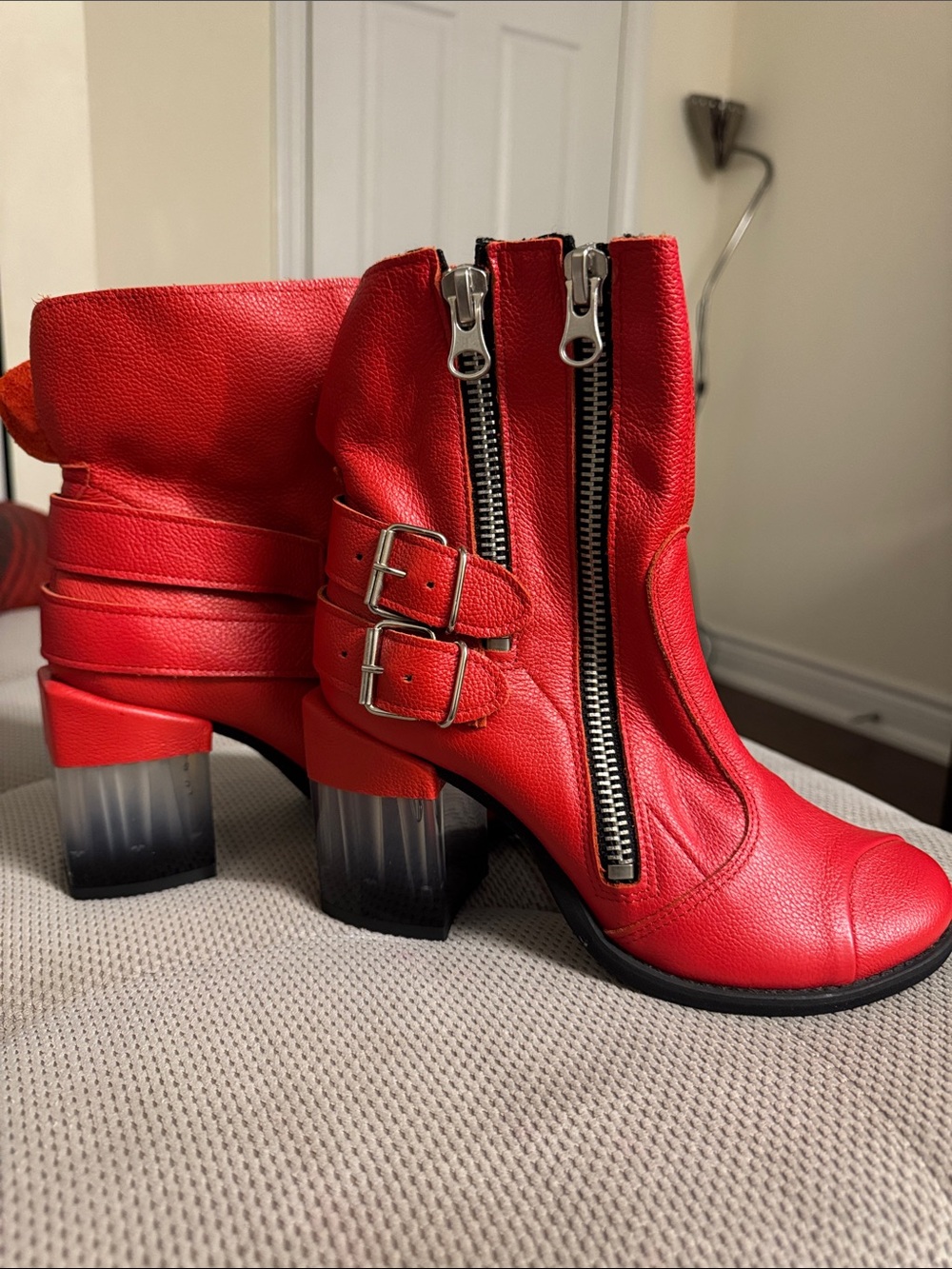 Red Buckled Ankle Boots with Exposed Dual Zippers